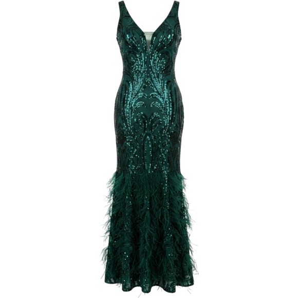 Jovani Dresses & Skirts - Jovani Emerald Green Sequin Feather Trim Mermaid Evening Gown Dress 6